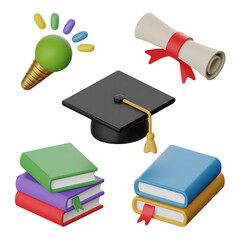 Education 3D Icon Set – Graduation Cap, Diploma, Books, University