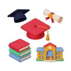 Education 3D Icon Set – Graduation Cap, Diploma, Books, University