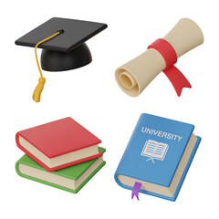 Education 3D Icon Set – Graduation Cap, Diploma, Books, University