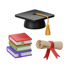 Education 3D Icon Set – Graduation Cap, Diploma, Books, University