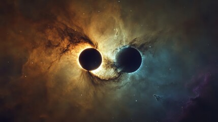 Mysterious celestial dance of two black holes in vivid colors, surrounded by swirling cosmic clouds and glowing gas.