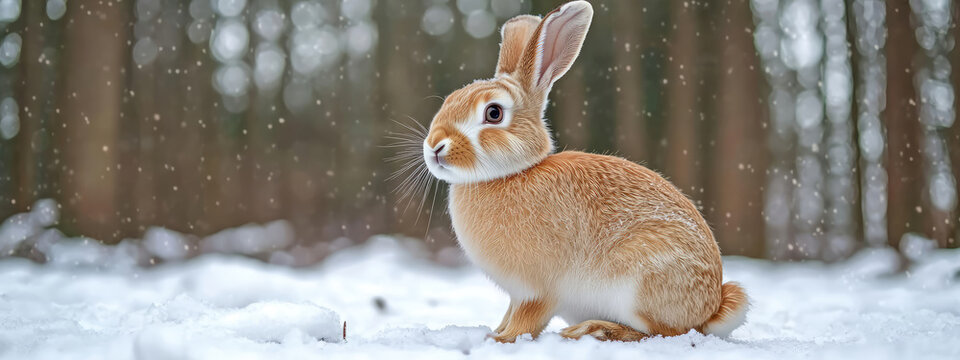 Cute rabbit sitting in snow in winter forest. Arctic hare. Funny Christmas animal. Beautiful scene from wild nature landscape. Background for banner, poster, wallpaper, greeting card