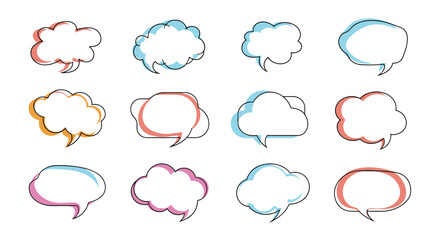Obraz premium Collection of twelve diverse cartoon speech bubble illustrations with colored outlines and shadows.