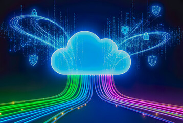 Secure cloud computing concept illustration. A luminous blue cloud surrounded by digital security shields and locks, with vibrant, multicolored light streams representing fast data flow and global con