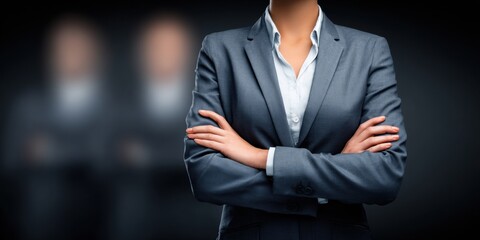 Confident businesswoman in suit with arms crossed standing in front of blurred team, professional leadership and teamwork mood
