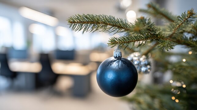 Festive Office: Close-up of Christmas Tree Ornament in a Modern Workspace Celebrating the Holiday Season