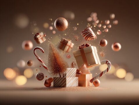 Elegant Christmas Still Life Featuring Floating Gifts, Baubles, Candy Canes, and a Miniature Tree on a Soft Background - Powered by Adobe