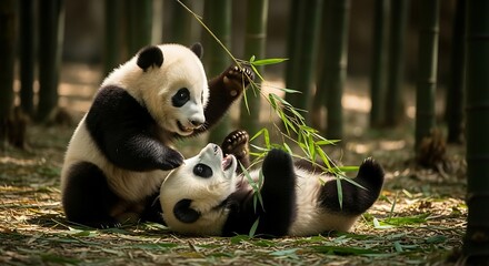 Fototapeta premium Two Giant Pandas Playfully Interact in a Bamboo Forest.