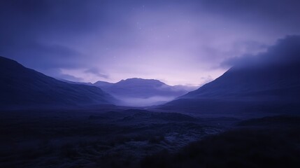 Mysterious twilight in the mountains, where shadows blend with twilight hues and peace reigns in the quiet landscape.
