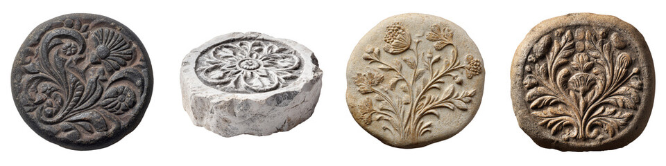 Decorative stone reliefs with intricate floral designs on transparent background