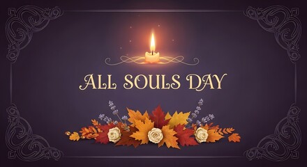 All souls day remembrance with a lit candle and autumn leaves on a dark background