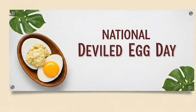 National deviled egg day banner featuring a wooden bowl with a deviled egg and a whole egg, surrounded by green leaves