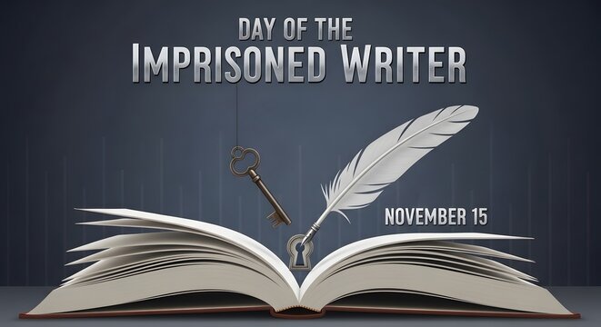 Day of the imprisoned writer on november 15, symbolized by an open book, quill pen, and a key against a dark background