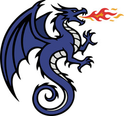 Blue Tribal Dragon Breathing Fire Vector Illustration – Mythical Fantasy Creature, Stylized Mascot