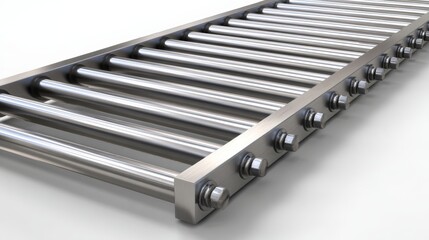 Stainless steel roller conveyor with parallel cylindrical rollers and metal frame, industrial material conveying equipment photographed from angled top view showing bolts and polished finish