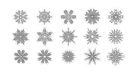 Fototapeta premium Collection of fifteen distinct snowflake designs in black outline on a white background.