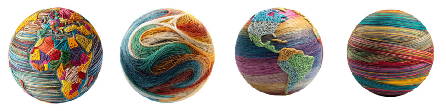 Colorful yarn globes representing continents world map art on transparent background