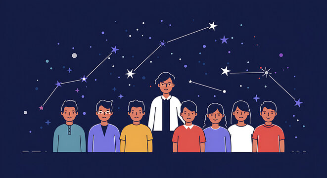 A diverse group of children and an adult stand under a starry night sky with constellations visible.
