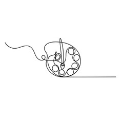 Paint palette art brush continuous one line drawing and minimalist style isolate outline vector illustration
