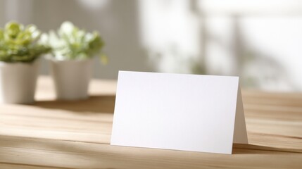 Blank Folded Card on Wood Table with Green Plants in Background Mockup