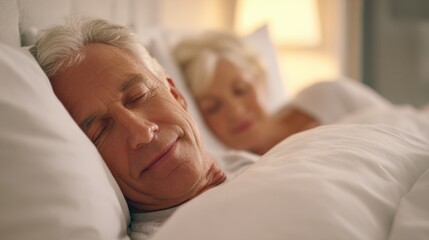 Serene Senior Couple Sleeping Peacefully in Bed, Enjoying Comfortable Rest and Relaxation at Home
