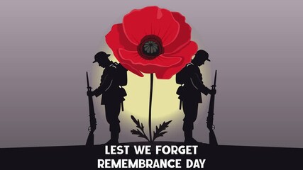 Animated Lest We Forget Remembrance Day Poster with Red Poppy and Soldier Silhouettes