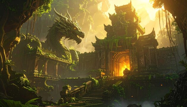 A massive ancient temple guarded by a glowing dragon statue, overgrown with moss and vines, golden sunlight filtering through mist, fantasy matte painting, detailed texture. - Powered by Adobe