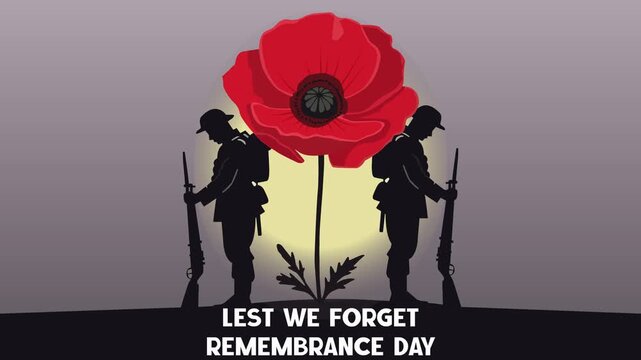 Animated Lest We Forget Remembrance Day Poster with Red Poppy and Soldier Silhouettes