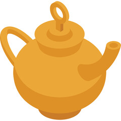 Golden teapot with a handle and spout isolated on a transparent background presented in a 3d isometric view with warm lighting and a simplistic design