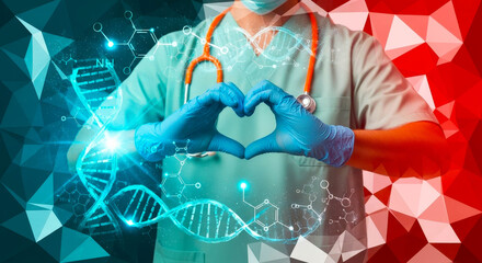 Doctor making heart sign with hands in gloves. Medical professional with DNA and molecular structure overlay for healthcare innovation.