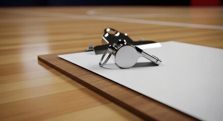 The essential tools of coaching, a silver whistle and clipboard, lie ready for game day strategy on the polished hardwood basketball court