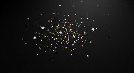 Imagine golden nuggets and white dust floating in zero gravity against a dark, mysterious backdrop, a mesmerizing cosmic dance of wealth and purity, perfect for luxury brands