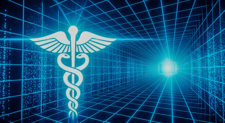 White caduceus symbol on abstract blue digital grid background. Concept of modern medical technology and healthcare future.