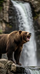Fototapeta premium Wild Brown Bear Roaring Fiercely by a Waterfall.