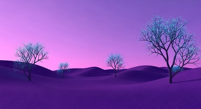 Surreal purple landscape with bare trees under a gradient sky. - Powered by Adobe
