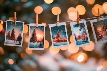 Christmas photos hanging on a clothesline with a blurred festive background and warm bokeh lights Each picture features a holiday scene