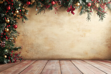 christmas interior wall background with floor and space for text
