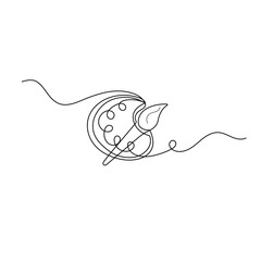 Paint palette art brush continuous one line drawing and minimalist style isolate outline vector illustration