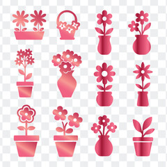 Flat design flower bouquet and vase icons vector set.