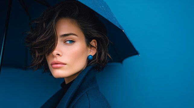 Woman with umbrella in rain on vivid navy background - Powered by Adobe