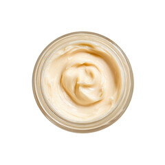 Creamy light-yellow face moisturizer in a clear glass jar
