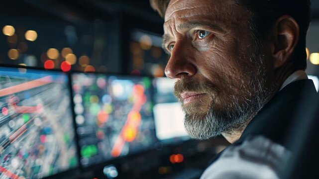 Focused Vigilance: A determined professional stares intently at complex data on multiple computer monitors in a high-tech control room, focused on strategy and analysis.