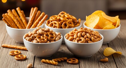Variety of Snacks - Pretzels, Chips, and Breadsticks in Bowls.