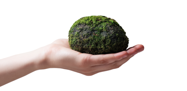 Hand holding a mossy sphere