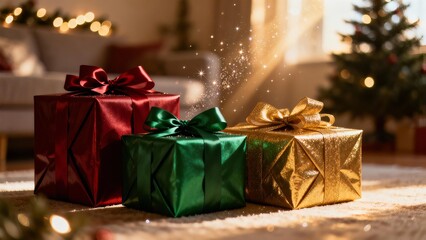 Festive wrapped gifts under warm light for a joyful holiday celebration in a cozy living room