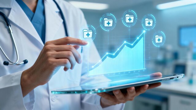 Health professional analyzes growth trends in patient data using advanced technology in a modern medical facility
