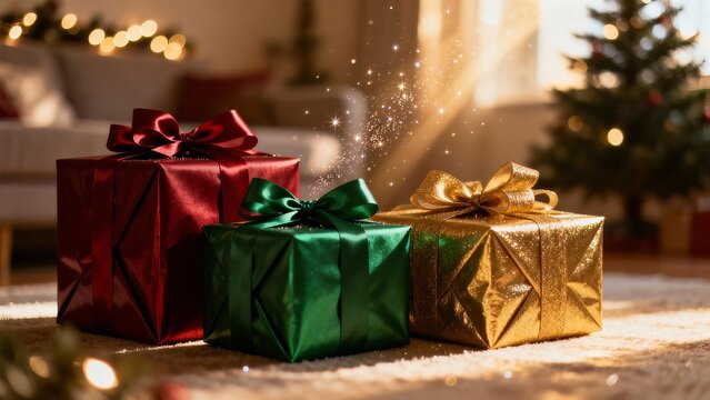 Festive wrapped gifts under warm light for a joyful holiday celebration in a cozy living room