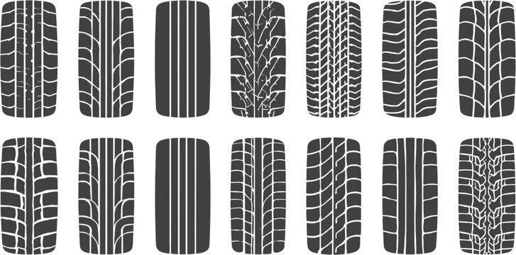 Vector illustration showcasing various tire tread patterns in black and white, perfect for automotive or transportation-related design projects and concepts.