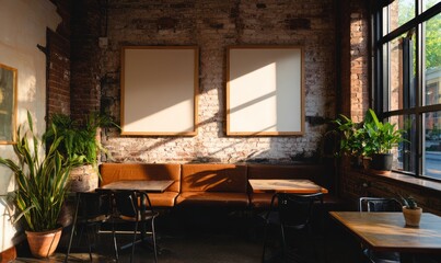 Mockup of an empty blank frame for a poster, artwork, or advertising banner in a cafe or studio interior in loft industrial style, minimalist design, stone, brick, concrete textures, AI-generated