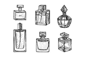 Sketch illustrations of glass spray perfume bottles. Fashion, cosmetics concept. Collection of an outline drawing in engraving style. Hand-drawn vector line art clipart, isolated